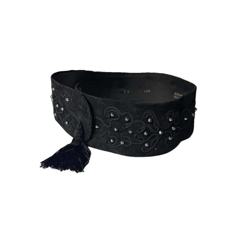 Vintage Suede Leather High Waist Belt Womens Wide Applique Passementerie w Studs